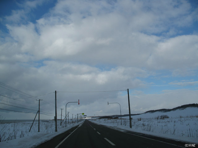 雪景色　雪道　道路 北海道の道路 道北 国道232号「オロロンライン」 遠別町 富士見