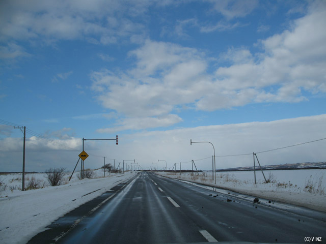雪景色　雪道　道路 北海道の道路 道北 国道232号「オロロンライン」 天塩町